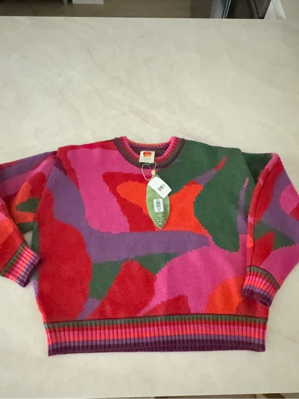 FARM Rio Colorblock Abstract Crewneck Sweater — Pink, Red, Green, Purple, Orange